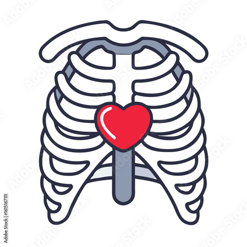 Human skeleton ribs with heart icon in flat design style  
