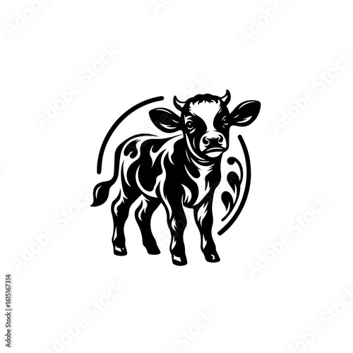 A charming calf stands in a circular frame with floral accents