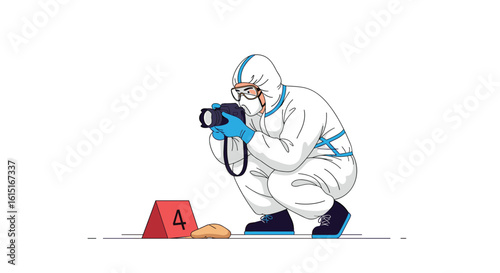 Forensic scientist in protective gear documents evidence at a crime scene with a camera a forensic analyst photographing clues