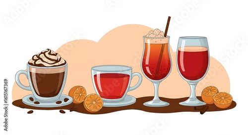 Assorted Drinks with Orange Slices Vector Illustration