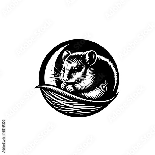 A small mouse sits nestled within a crescent moon and plant elements