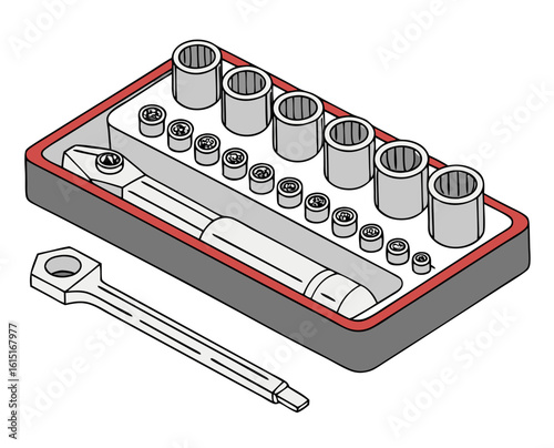 Socket set with various sizes and ratchet tool in storage tray  on a transparent background