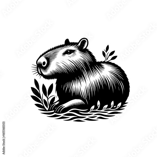 A detailed sketch of a capybara resting amongst leaves