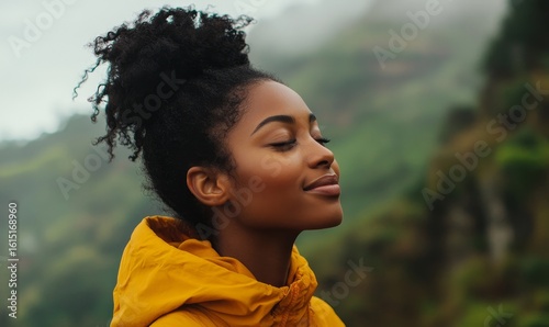 Happy young Black woman breathing fresh air outdoors in nature. The image highlights wellness practices, including deep breathing and meditation, with a focus on inclusivity, Generative AI
