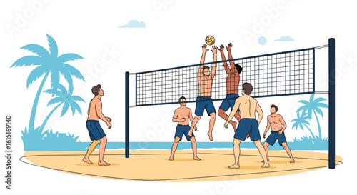Enjoying a competitive game of beach volleyball under sunny skies with palm trees and ocean views
