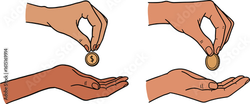 Hands exchanging coins illustrating the concept of vector  