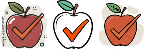 Colorful apple icons with check marks in different styles and colors  