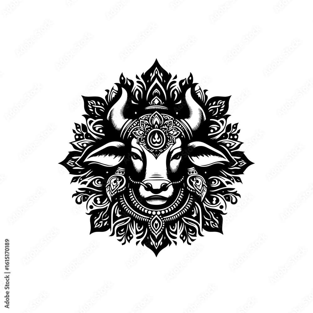 Fototapeta premium A bulls head adorned with a mandala, isolated on white background