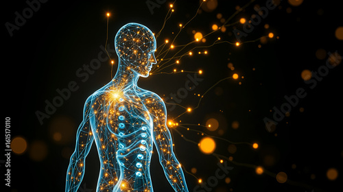Futuristic human body with glowing neural network connections and golden light particles on dark background, symbolizing energy flow, bioelectricity, and advanced technology