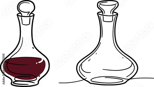 Red wine decanter and empty glass bottle in simple outline design  