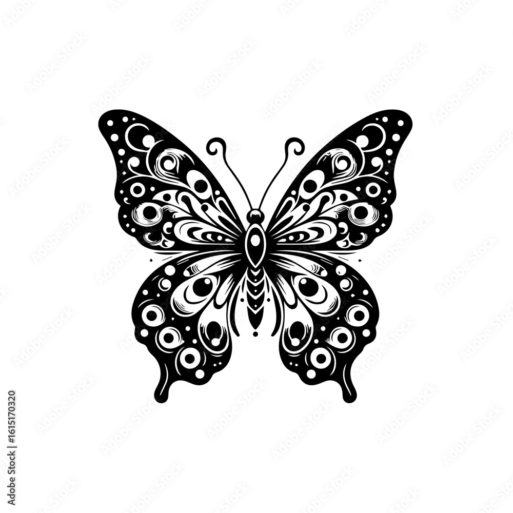 An intricately patterned butterfly with spread wings in black and white An intricately patterned butterfly with spread wings in black and white
