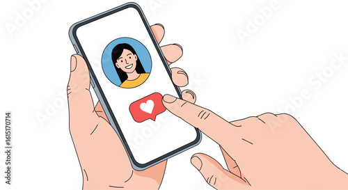 Finger taps like button on smartphone screen showing profile picture and heart icon showing social media engagement