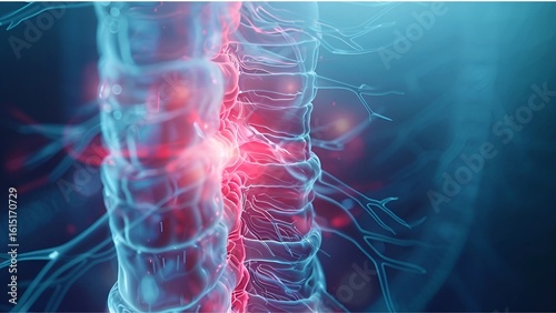 Digital concept of human spinal cord and nerves with a red highlighted area, symbolizing pain, inflammation, or neurological injury.