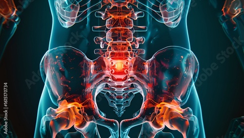 Human Lower Back and Hip Pain: 3D Medical Illustration Highlighting Spine, Pelvis, and Femur Inflammation