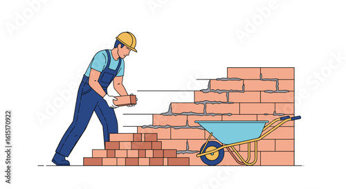 Skilled construction worker expertly building brick wall foundation with material transport cart providing essential building components for infrastructure development