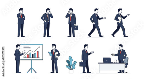 Collection of pixel art business people engaged in various professional activities demonstrating corporate lifestyle and career progression