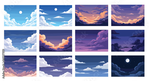 Beautiful pixel art sky scenes capturing various atmospheric conditions and times of day