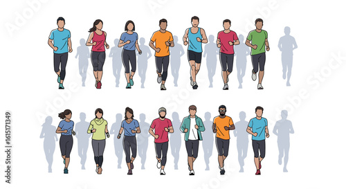 Diverse group of people jogging and running outdoors in a park setting during daytime