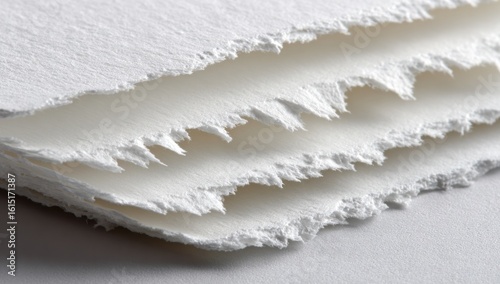 Stack of textured white paper with deckled edges. Light source illuminates the paper, creating shadows and highlighting the rough, uneven texture