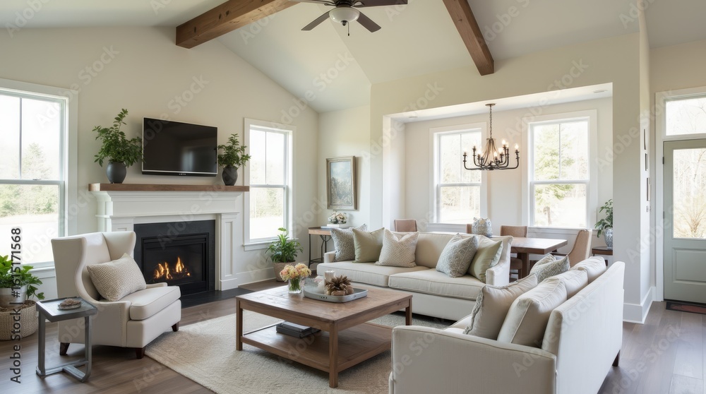 Fototapeta premium farmhouse interior design of modern living room home with vaulted ceiling