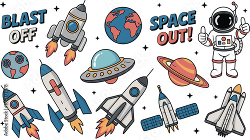 Cartoon space vector illustration with rockets, astronaut, Earth, UFO, planets, and stars, perfect for kids, stickers, or education