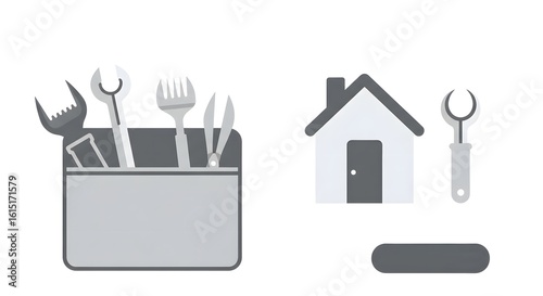 Gray Toolbox with Tools and House Icon on White Background