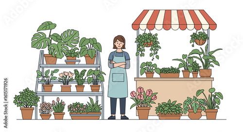A friendly florist stands proudly amidst a vibrant display of potted plants and flowers outside a charming stall