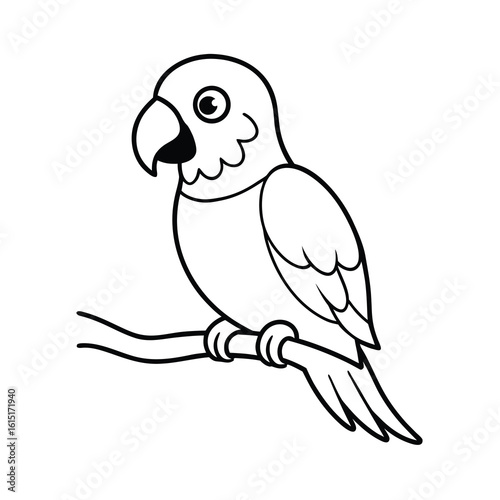 cute cartoon parrot on a branch coloring page for kids on white background 