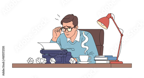 Writer struggling to find the right words at a desk with a typewriter and crumpled paper balls