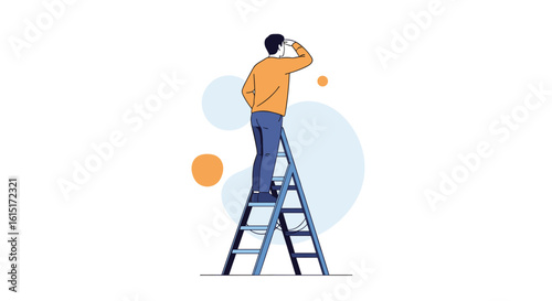 Man on a ladder looking into the distance for opportunities and new possibilities in his career and life