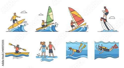 Compilation of watersports activities featuring surfing windsurfing kayaking and scuba diving adventures