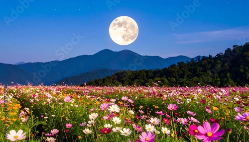 Vibrant cosmos flowers bloom under a large, full moon in a mountainous landscape