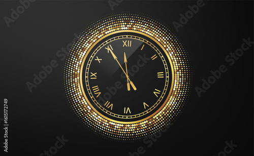 Luxury vintage golden clock showing almost midnight. Roman numeral face on dark background. Symbol of New Year and celebration countdown.
