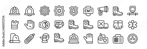 First Responder tribute icon pack – 30 Patriot Day outline icons on white