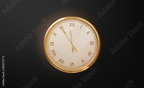 Realistic golden clock with classic roman numerals. Time to midnight. Dark festive background for New Year Eve countdown or celebration.