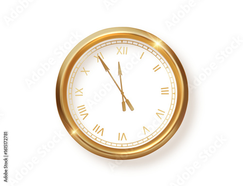Luxury gold clock realistic isolated for new year or Christmas design. PNG Golden face dial of round shape. Classic vintage luxury elegant roman numeral clock