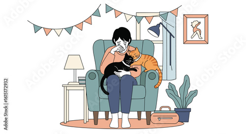 Cozy moments shared with beloved feline companions on a comfortable armchair a heartwarming scene of domestic bliss