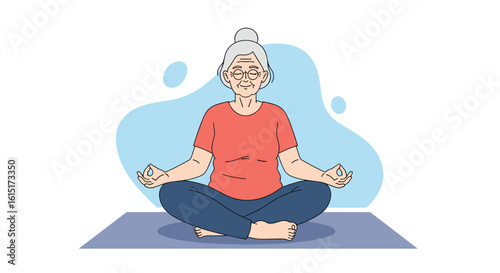 Elderly woman peacefully meditating in a relaxed yoga pose on a mat with soft blue abstract shapes in the background
