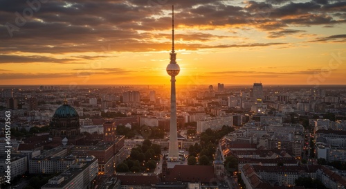 Berlin's iconic TV tower illuminated by a mesmerizing sunset cityscape panorama