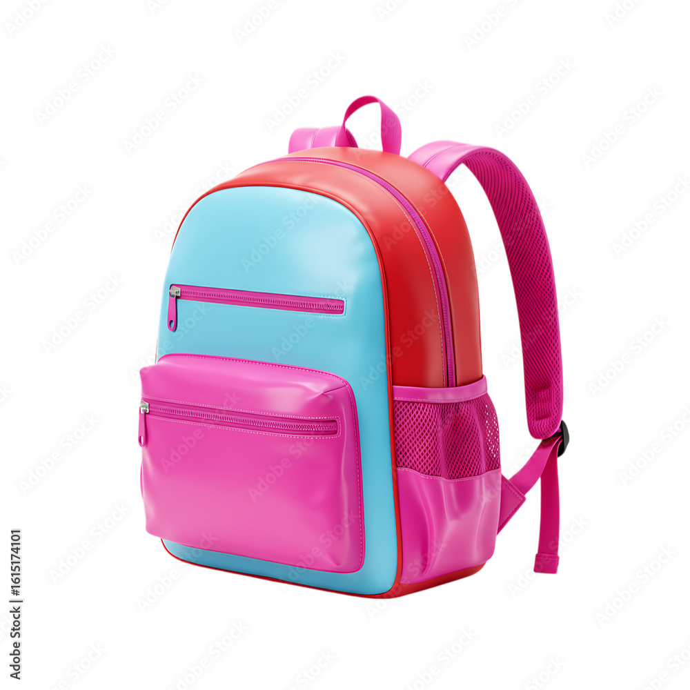 Fototapeta premium Colorful backpack with pink and blue sections isolated on transparent background