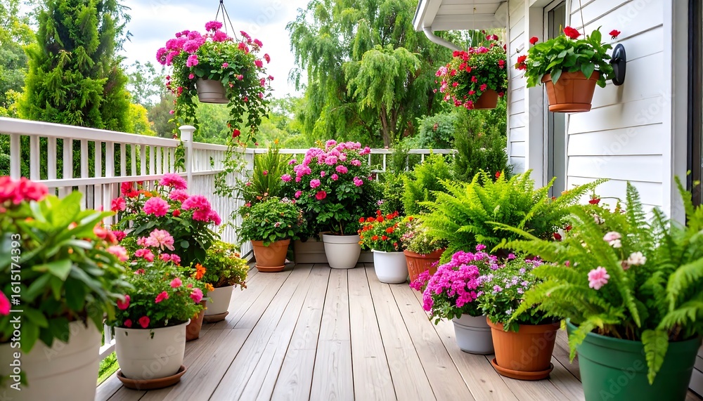 Naklejka premium Vibrant flowers in pots adorn a sunlit deck
