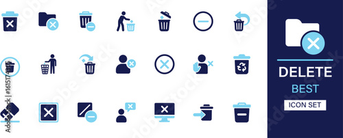 Delete icon set collection. Remove, trash, bin, cancel, clear, erase, discard, close, stop, terminate, reject, cross, eliminate, undo and best solid icon set.