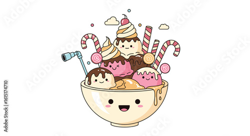 A deliciously cute kawaii ice cream sundae creation filled with sweet delights and yummy toppings in a charming bowl