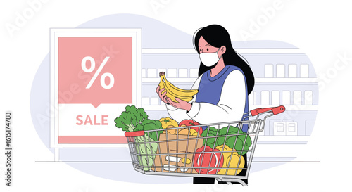 Woman wearing a mask shopping for groceries in a supermarket during a sale event