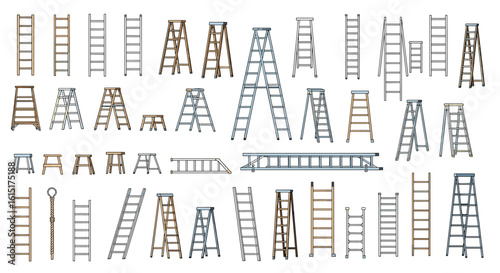 Collection of various types of ladders and climbing equipment for diverse household and construction tasks
