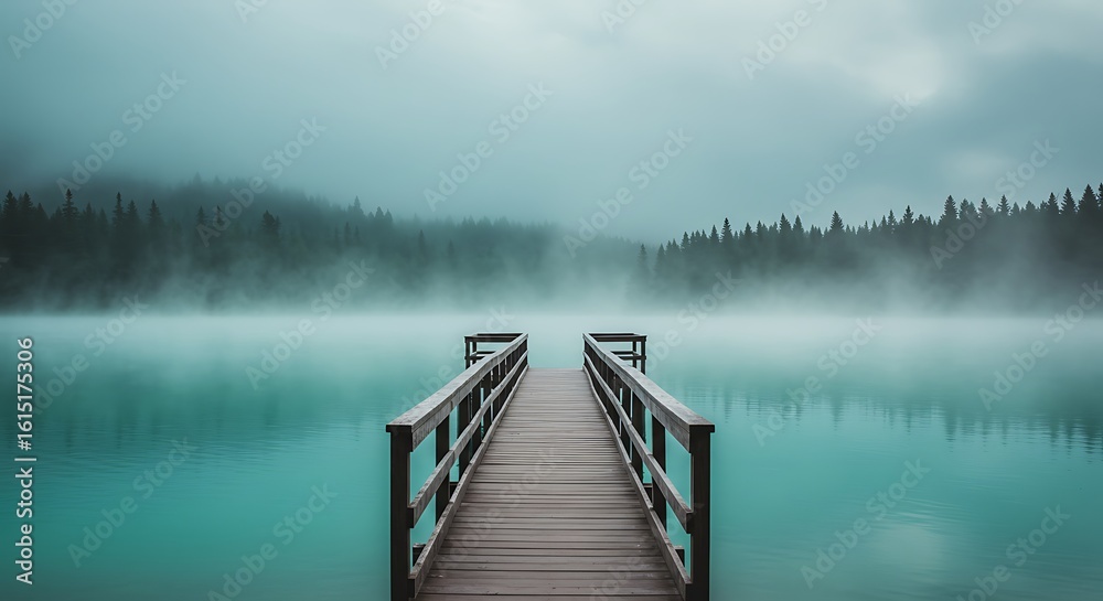 Naklejka premium morning mist on the lake. wooden pier leading into misty lake with pine forest in background, serene morning landscape. 
