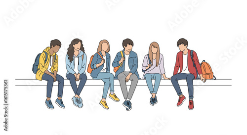 A diverse group of young people sitting together on a bench enjoying a casual gathering outdoors