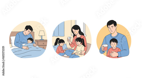 Gentle father cares for his sick child providing comfort and medicine throughout the day