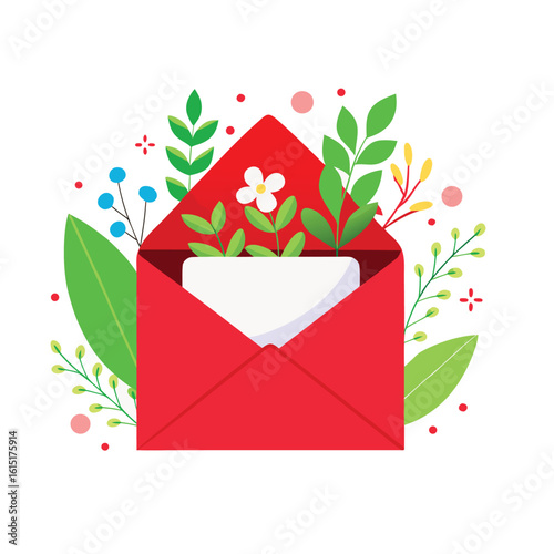 Red envelope with flowers and leaves isolated on white background