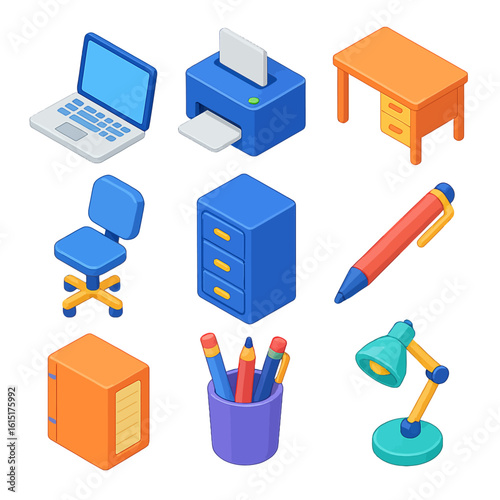 Modern isometric office set for creative designs, perfect for startups and contemporary businesses